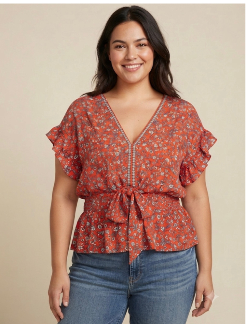 Max Studio Floral Blouse Size L Red White V-Neck Tie Waist
